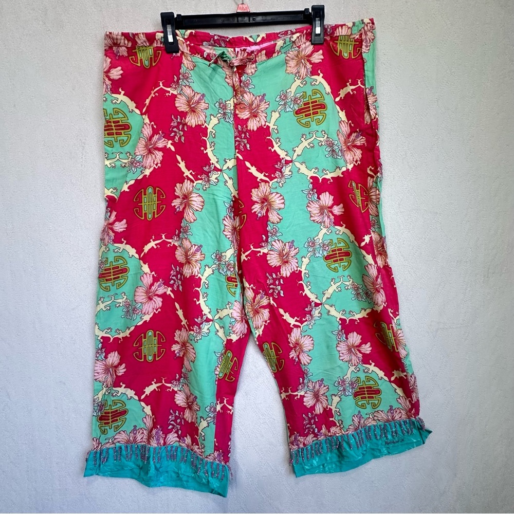 Vintage Rainbow Jo Tropical Floral Pink & Mint Pants Sz L Beaded Button Hawaiian